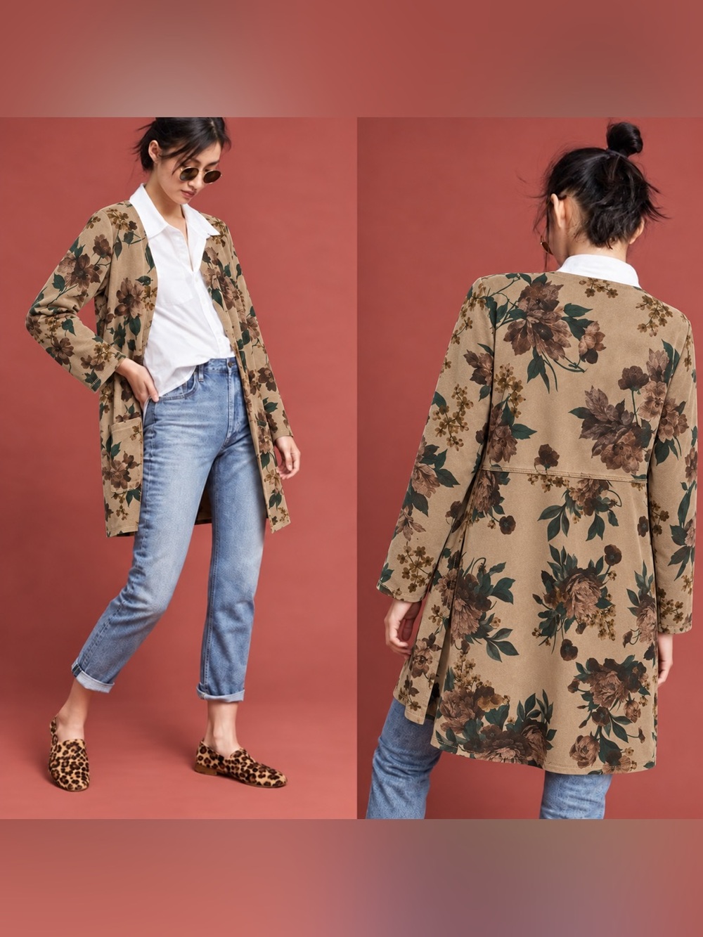 NWT Solitaire Floral Faux Suede Duster Jacket Size L
